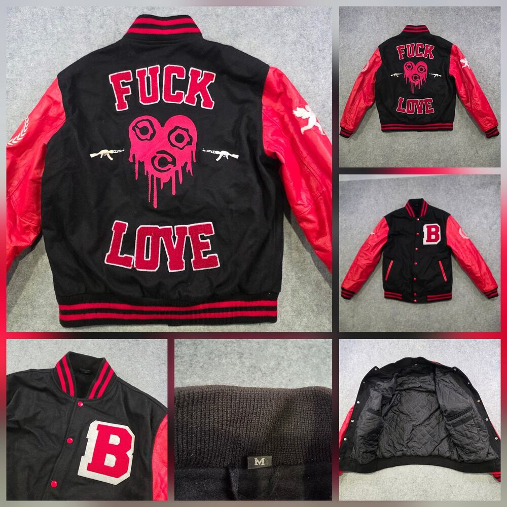 F*ck Love Varsity Jacket Mens‎ Medium Black Red Heart B Letterman College Bomber